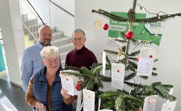 Pastor Dirk Glanert (von links), Karola Kullmann und Johann Haack neben dem Wunschbaum