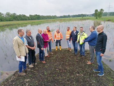 Vertreter vom NLWKN und der Stadt Geestland stehen vor der Paludikultur-Versuchsfläche in Bad Bederkesa